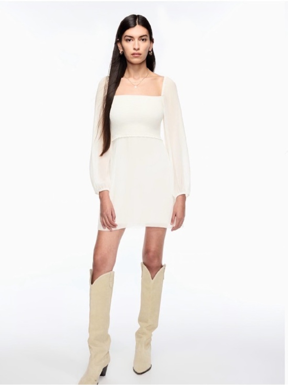 Wilfred Aritzia white Villa Dress smocked longsleeve mini NWT feminine party